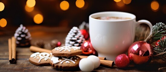 Poster - Cozy Christmas arrangement with gingerbread cookies marshmallows and festive decor in warm home setting delicious holiday treat captured beautifully