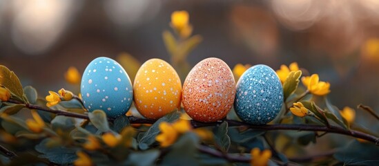 Aufkleber - Colorful Easter eggs arranged on a blooming tree branch with fresh spring leaves and delicate yellow flowers in a vibrant outdoor setting