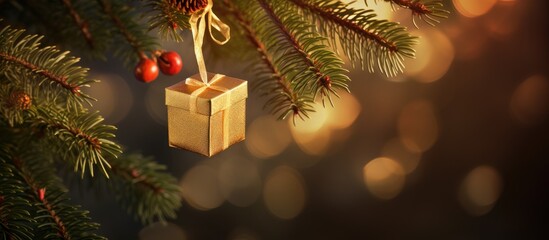 Aufkleber - Tiny golden gift box ornament hanging from a coniferous branch with festive bokeh background creating a warm holiday atmosphere