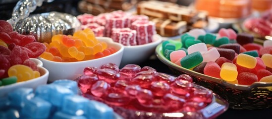 Aufkleber - Colorful assortment of sweet candies and sugary delights displayed at a traditional festive event showcasing delectable treats