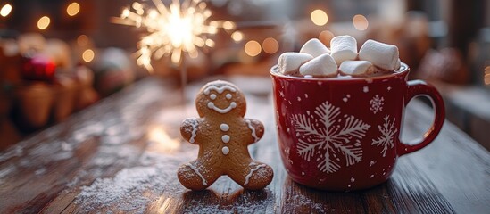 Aufkleber - Cozy cocoa with marshmallows and gingerbread on rustic table with festive decorations and sparkler celebrating winter warmth and cheer