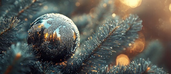 Aufkleber - Close up of a Christmas ornament ball with metal flakes hanging on a pine tree branch during the festive holiday season