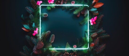 Aufkleber - Fluorescent Christmas foliage arrangement with neon square frame and natural elements in flat lay composition for festive designs