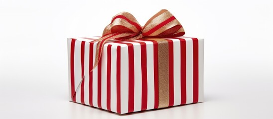 Poster - Christmas gift box with red and white stripes elegantly tied with a gold ribbon on a clean white background for festive celebrations.