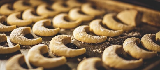 Aufkleber - Closeup of unbaked crescent-shaped cookies arranged neatly on a baking tray ready for the oven showcasing a baking preparation scene