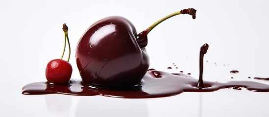 Aufkleber - Chocolate covered cherry with a bite taken showing juicy interior on a clean white background ideal for text placement