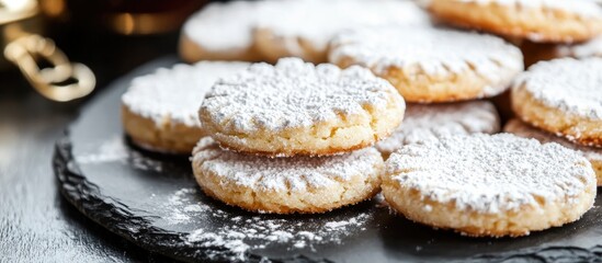 Poster - Homemade cookies dusted with powdered sugar arranged on a rustic slate plate showcasing a delightful dessert presentation