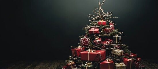 Aufkleber - Creative Christmas tree design made from branches surrounded by beautifully wrapped presents in a dimly lit atmospheric setting.