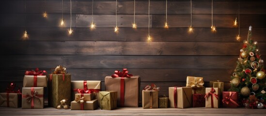 Aufkleber - Christmas decor with wrapped presents and a festive tree displayed on a rustic wooden background illuminated by warm lights