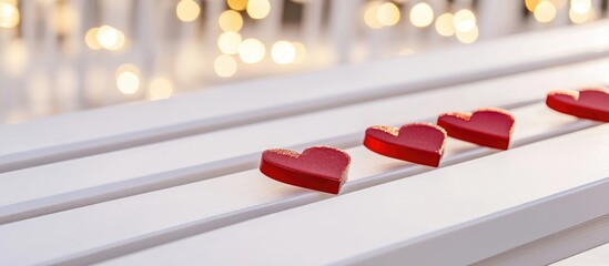 Poster - Heart shapes arranged on a white wooden bench creating a festive celebration atmosphere with a dreamy bokeh background.