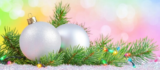 Poster - Christmas ornaments on pine tree branches surrounded by colorful bokeh lights creating a festive holiday atmosphere for seasonal celebrations