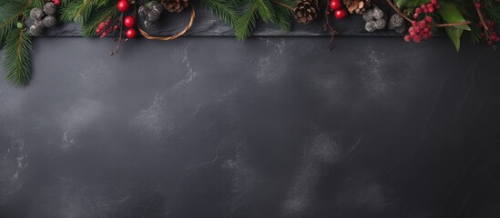 Poster - Christmas dark stone backdrop decorated with pine branches and berries providing ample copy space for holiday-themed designs and advertisements