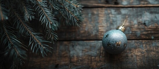 Poster - New Year and Christmas decor composition with evergreen branches and an ornament on rustic wooden background