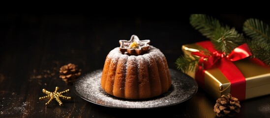 Poster - Christmas mini bundt cake decorated with icing sugar and festive ornaments on a dark table with a gift and pinecones for a holiday setting