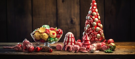 Poster - Festive Christmas candies and decorations arranged artistically beside a beautifully lit holiday tree on a wooden table