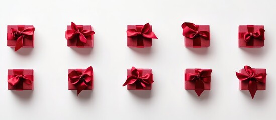 Aufkleber - Christmas gift boxes with red ribbons arranged elegantly on a white background showcasing festive gift wrapping and decoration style