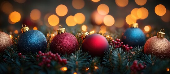 Poster - Vibrant Christmas ornaments with warm bokeh lights creating a festive atmosphere for winter holiday celebrations and seasonal decorations