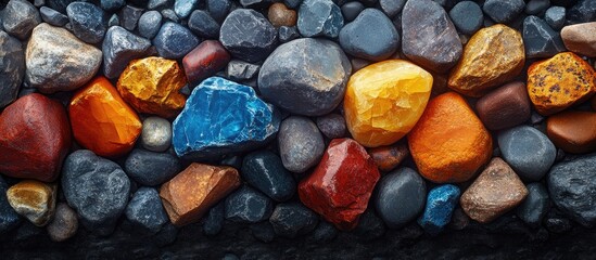 Aufkleber - Vibrant assortment of colored stones arranged harmoniously on a textured surface showcasing natural beauty and diversity in minerals.