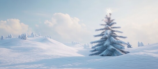 Poster - Winter scene featuring a beautifully decorated Christmas tree on a serene snowy landscape under a bright blue sky. Perfect for holiday themes.