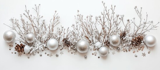 Poster - Silver and white festive decorations with pine cones and twigs arranged on a white background for a holiday postcard or greeting card design