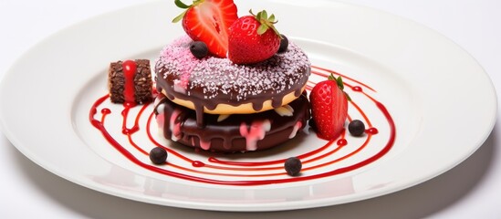 Poster - Chocolate donut tower with fresh strawberries and macaroons drizzled with berry sauce on a white plate gourmet dessert presentation