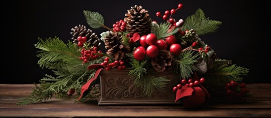 Aufkleber - Christmas centerpiece with fir branches pine cones and red ornaments arranged elegantly on a rustic wooden table against a dark background