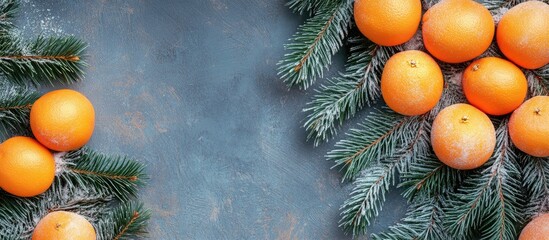 Aufkleber - Christmas backdrop with fir tree branches and tangerines creating a festive greeting card design for holiday celebrations