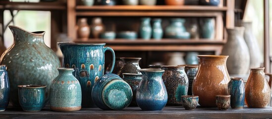 Poster - Colorful handcrafted pottery collection displayed on a rustic wooden shelf showcasing artisanal craftsmanship and unique designs.