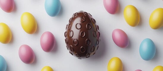 Aufkleber - Chocolate Easter egg centerpiece with colorful pastel eggs arranged around it on a clean white background for festive holiday themes