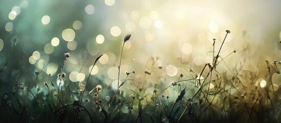 Poster - Dreamy bokeh background featuring delicate wildflowers with soft blurred lights creating a serene and magical atmosphere