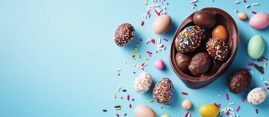 Aufkleber - Chocolate egg candies and colorful sprinkles arranged on a blue background perfect for Easter celebrations and festive promotions