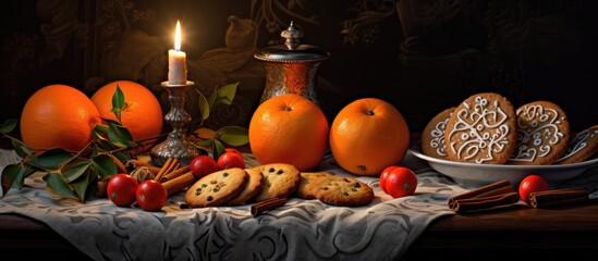Poster - Warm festive still life with mandarins apple gingerbread cookies and candlelight creating a cozy Christmas atmosphere