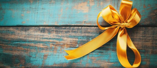 Aufkleber - Vibrant golden ribbon beautifully tied on a rustic wooden surface creating a charming festive atmosphere