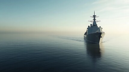 Poster - A naval ship navigating calm waters at dawn, symbolizing maritime operations.