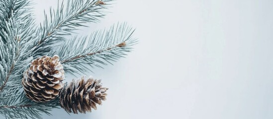 Poster - Spruce branch with pine cones displaying natural beauty against a clean white background for seasonal and nature-themed design projects