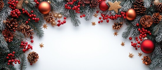 Aufkleber - Christmas border frame with tree branches and festive decor featuring red and golden ornaments berries and pinecones on a white background