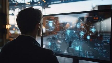 Poster - Businessman analyzing global logistics network on virtual screen