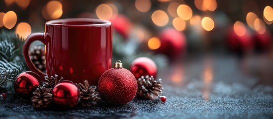 Aufkleber - Red mug and Christmas ornaments on a dark background with bokeh lights creating a festive holiday atmosphere