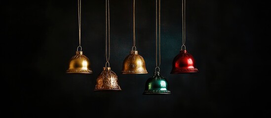 Poster - Elegant hanging Christmas bells in gold, red, and green tones on a dark background perfect for seasonal decoration concepts and festive themes.