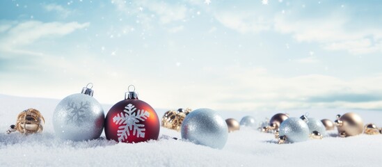 Poster - Christmas baubles and ornaments scattered on a snowy background creating a festive winter scene with glittering decorations