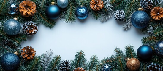 Poster - Christmas border with green fir branches blue and silver ornaments pine cones on white backdrop flat lay top view with empty space for text