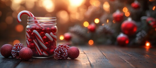Poster - Festive Christmas Candy Canes in a Jar Surrounded by Ornaments on a Wooden Table with a Bright Holiday Background