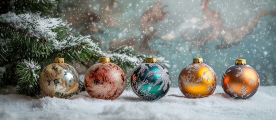 Aufkleber - Christmas card design with decorative baubles and snowy backdrop featuring a festive tree atmosphere and falling snowflakes