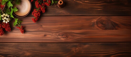 Aufkleber - Overhead view of rustic wooden table with decorative flowers and empty space for text or branding in a cozy setting