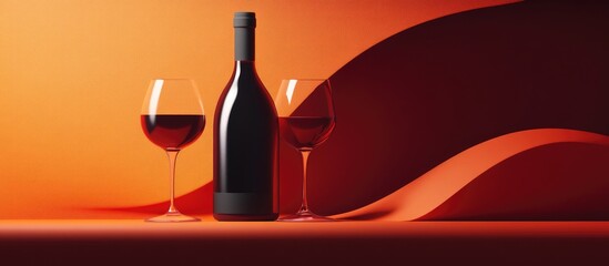 Poster - Elegant still life of a wine bottle and two glasses on a vibrant red background with smooth flowing shapes. Perfect for wine-themed designs.