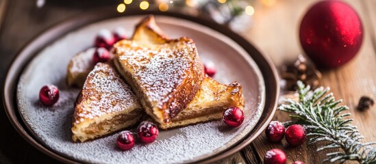 Poster - Festive French Toast with Cranberries and Holiday Decor on Rustic Wooden Table