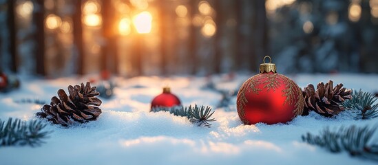 Poster - Christmas scene with ornaments pine cones and snow creating a festive atmosphere for holiday greetings and New Year wishes