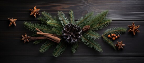 Poster - Festive arrangement of Christmas star anise, spruce branches, pine cones and cinnamon on a dark wooden background for holiday decor themes