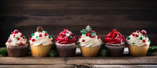 Poster - Festive Christmas cupcakes beautifully decorated with toppings on a rustic wooden background perfect for holiday baking inspirations.