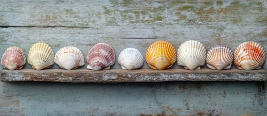 Poster - Colorful seashells arranged on rustic wooden surface creating a minimalist coastal summer aesthetic for beach-themed designs.